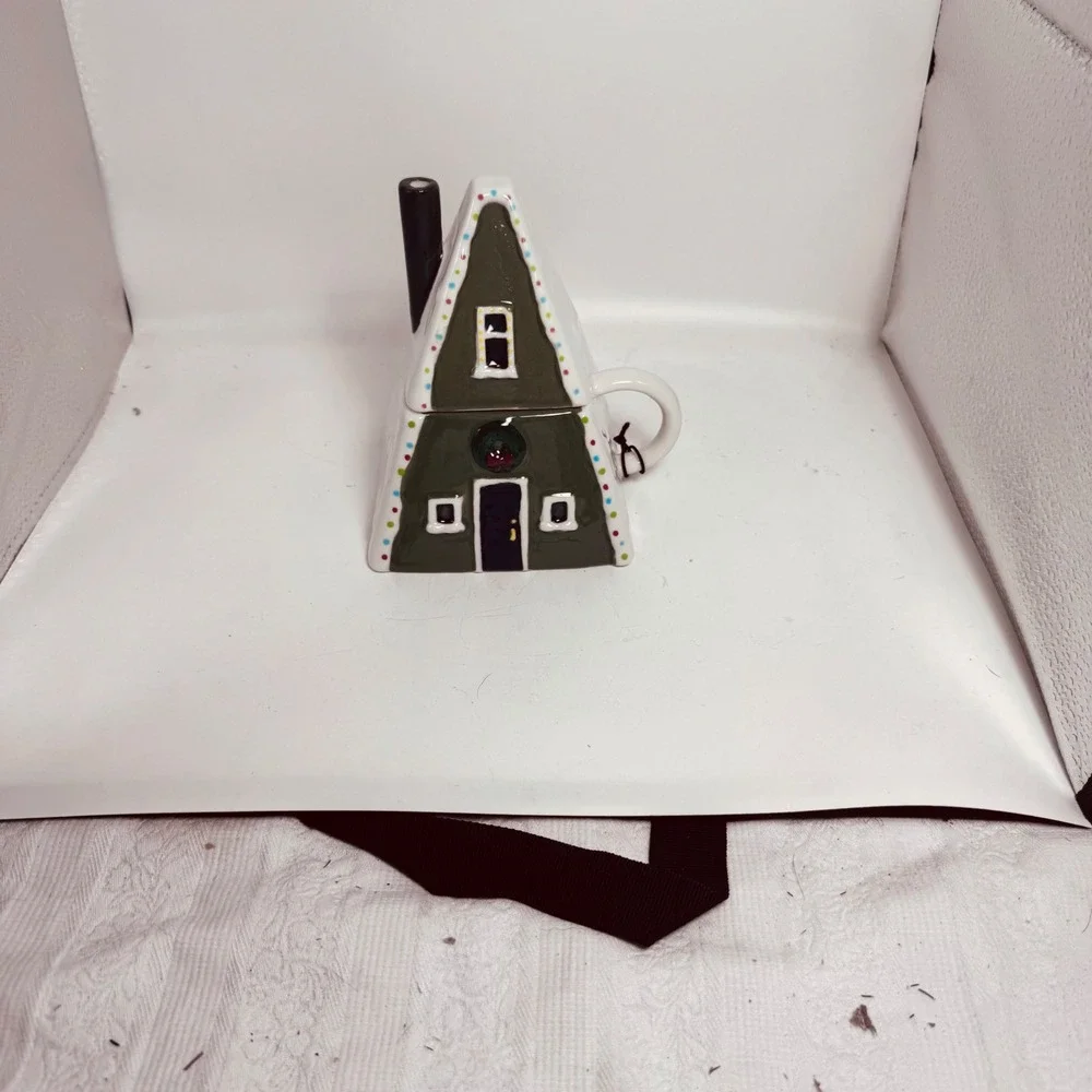 West Elm‎ A-Frame Cabin Mug with Lid Christmas Holiday Ceramic Cottage House New